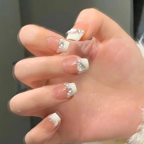 2/$16 3D Rhinestone Heart French Manicure Press On Nails - Picture 5 of 15